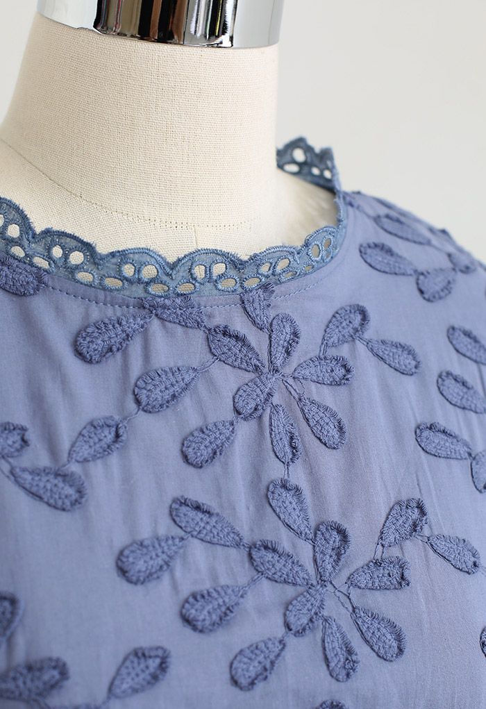 3D Blossom Puff Sleeve Embroidered Cotton Top in Blue