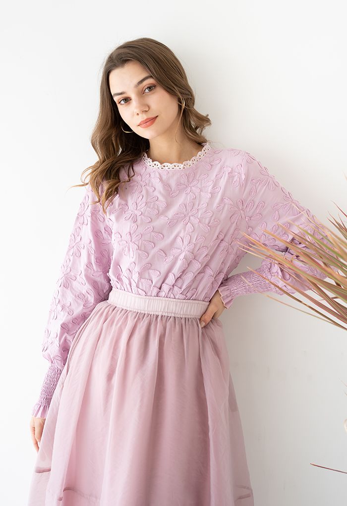 3D Blossom Puff Sleeve Embroidered Cotton Top in Lilac