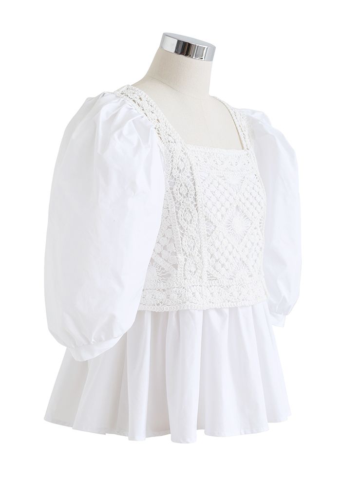 Crochet Spliced Bubble Sleeve Dolly Top in White