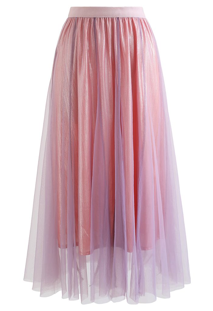 Pearlescent Lining Mesh Tulle Maxi Skirt in Pink