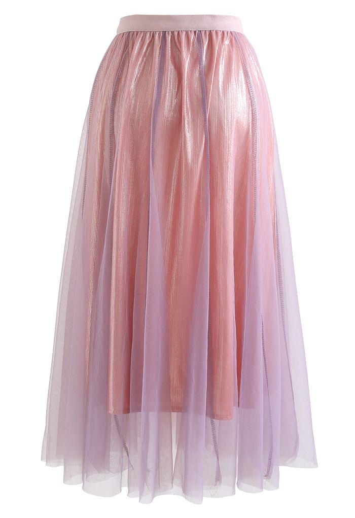 Pearlescent Lining Mesh Tulle Maxi Skirt in Pink