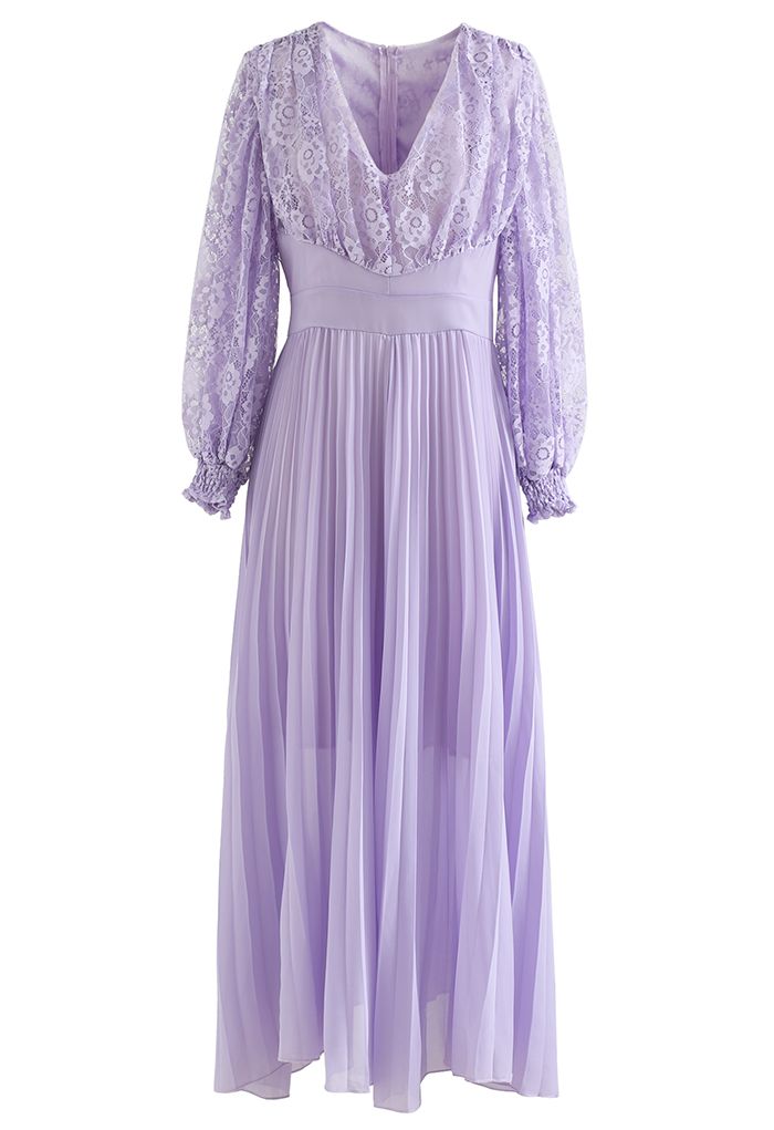 V-Neck Lace Spliced Pleated Maxi Dress in Lilac