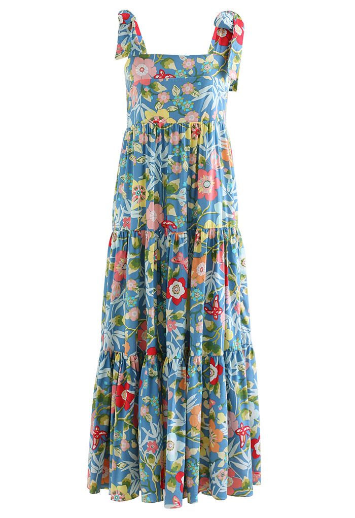 Plum Blossom Printed Tie-Strap Maxi Dress in Blue