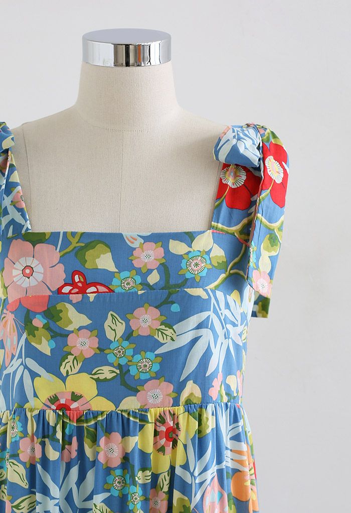 Plum Blossom Printed Tie-Strap Maxi Dress in Blue