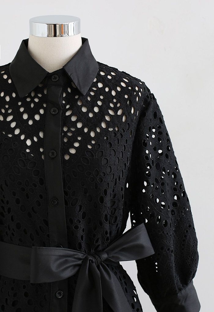 Diamond Eyelet Crochet Button Down Dress in Black