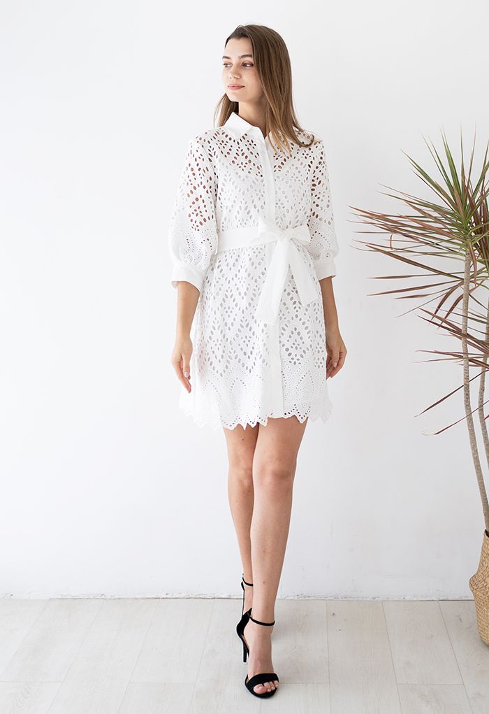 Diamond Eyelet Crochet Button Down Dress in White