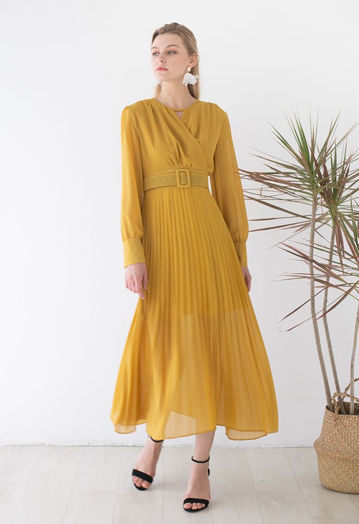 Flowy Chiffon Wrap Pleated Maxi Dress in Yellow