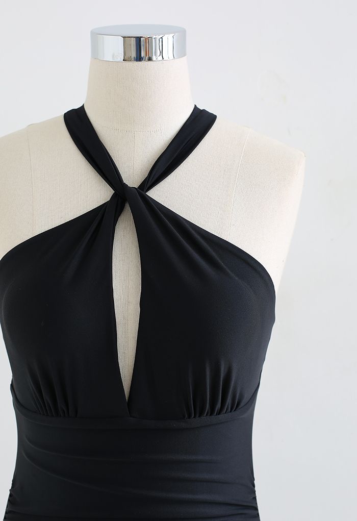 Halter Neck Cut Out Open Back Swimsuit in Black