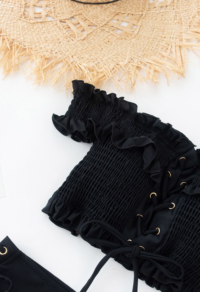 Lace-Up Ruffle Off-Shoulder Bikini Set in Black