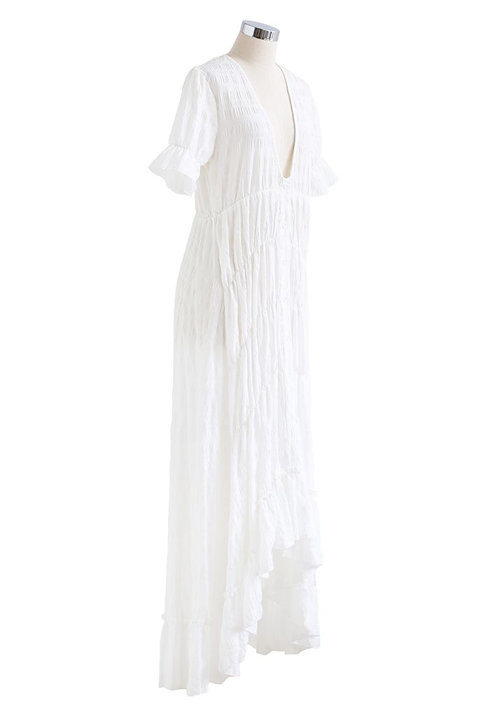 Deep V-Neck Embossed Asymmetric Hem Maxi Dress in White