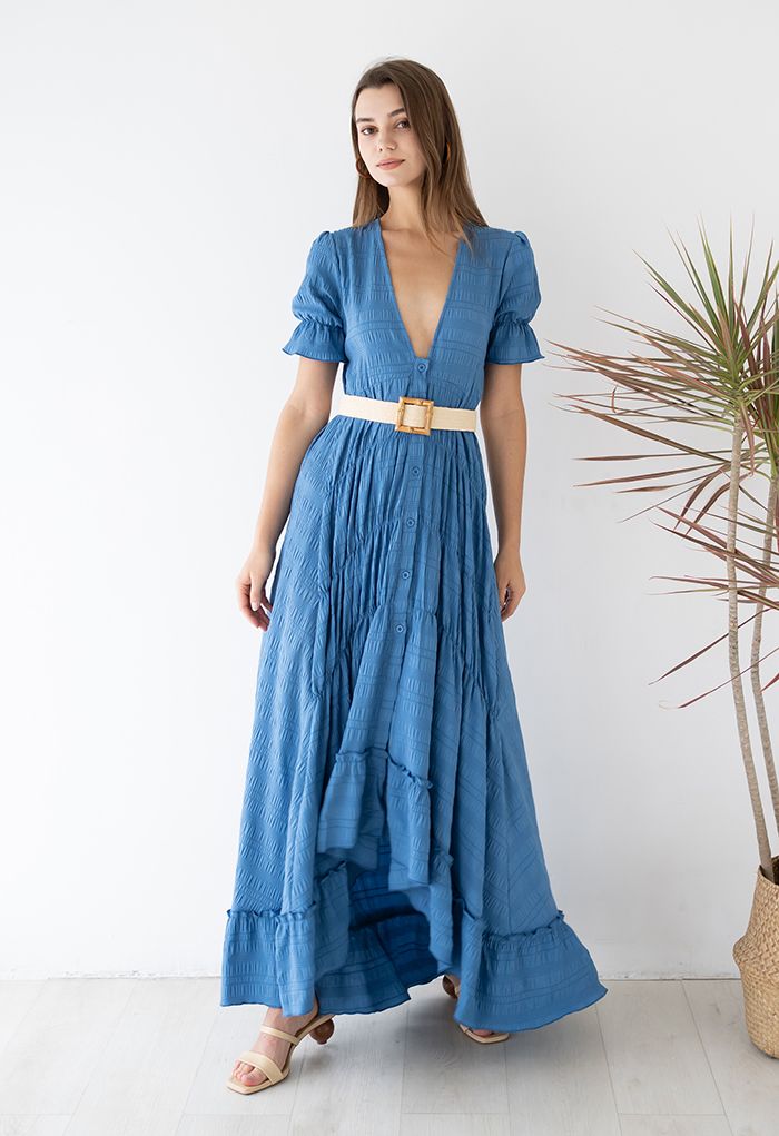 Deep V-Neck Embossed Asymmetric Hem Maxi Dress in Blue