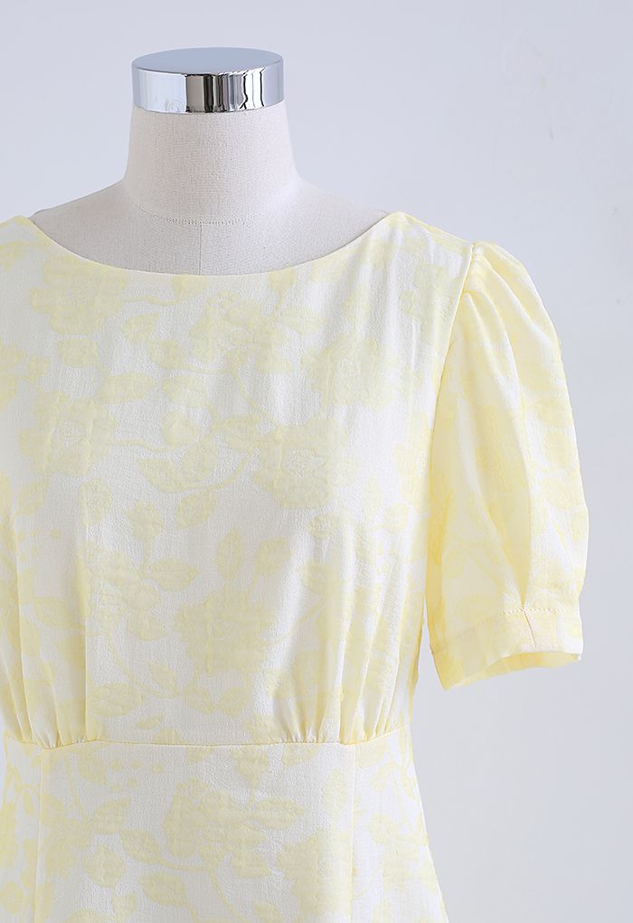 Shirred Cutout Back Blossom Jacquard Dress in Yellow