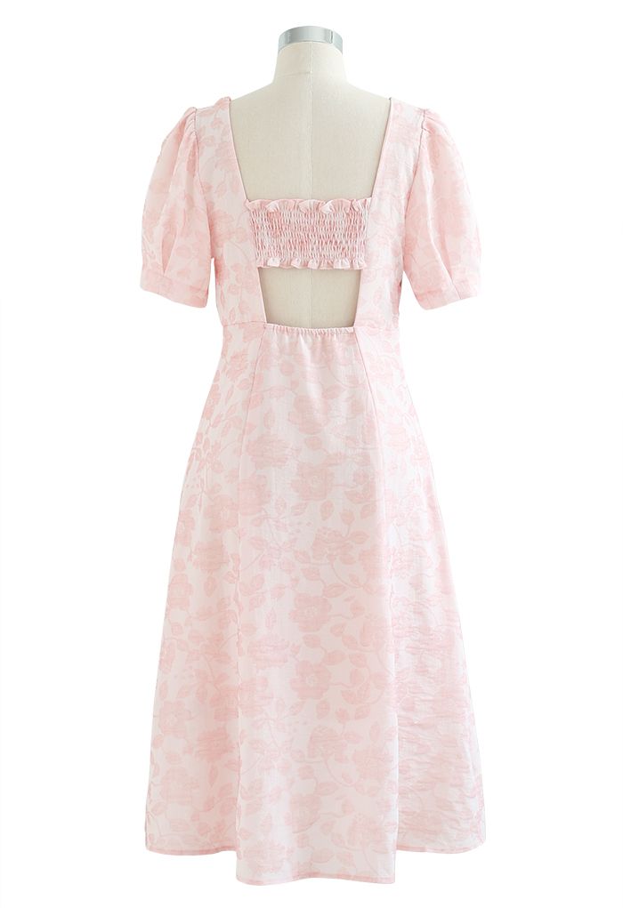 Shirred Cutout Back Blossom Jacquard Dress in Pink