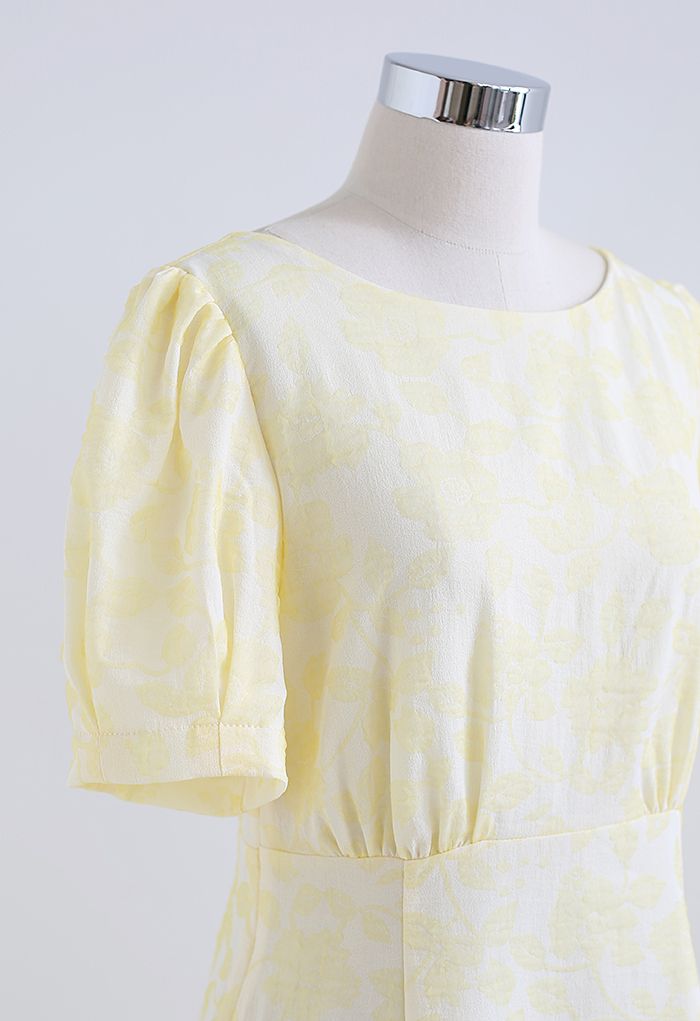 Shirred Cutout Back Blossom Jacquard Dress in Yellow