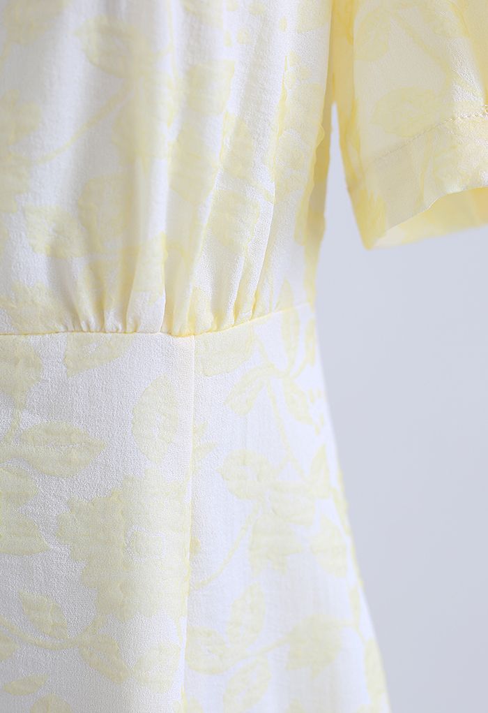 Shirred Cutout Back Blossom Jacquard Dress in Yellow