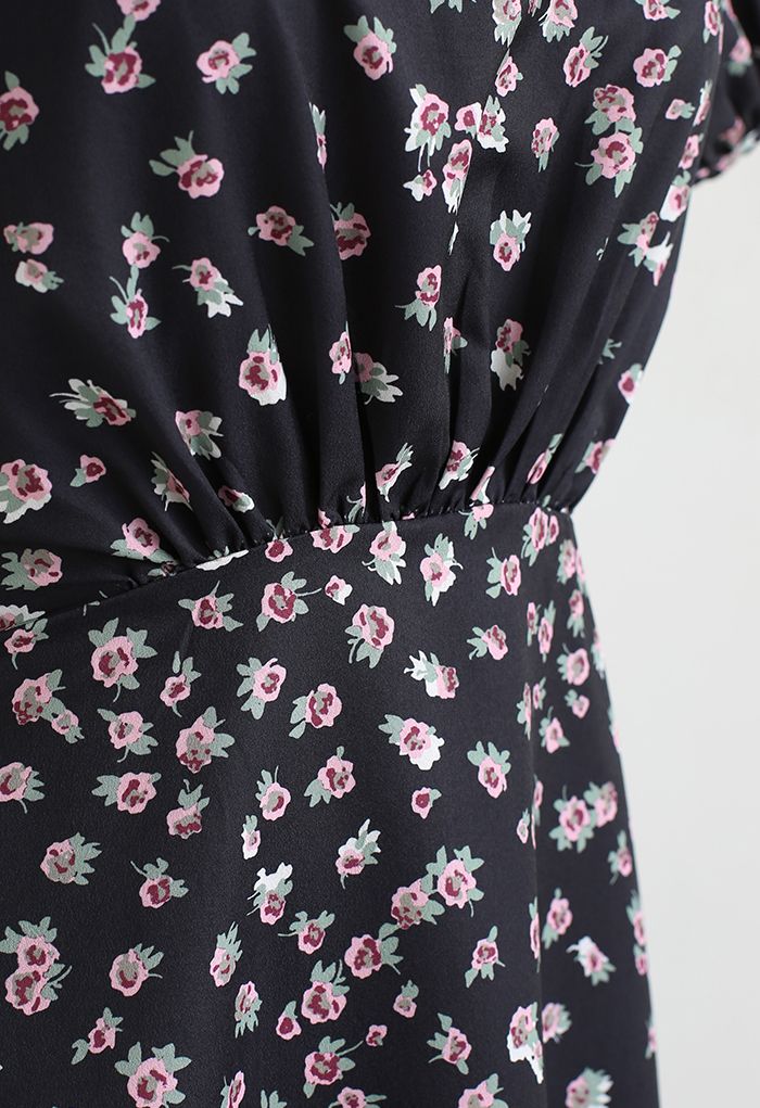 Posy Print Padded Shoulder Mini Dress in Black