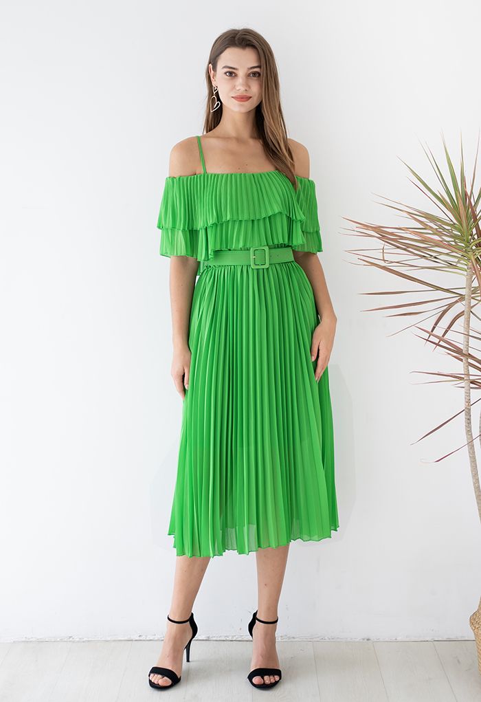Tiered Cold-Shoulder Pleated Belted Dress in Green
