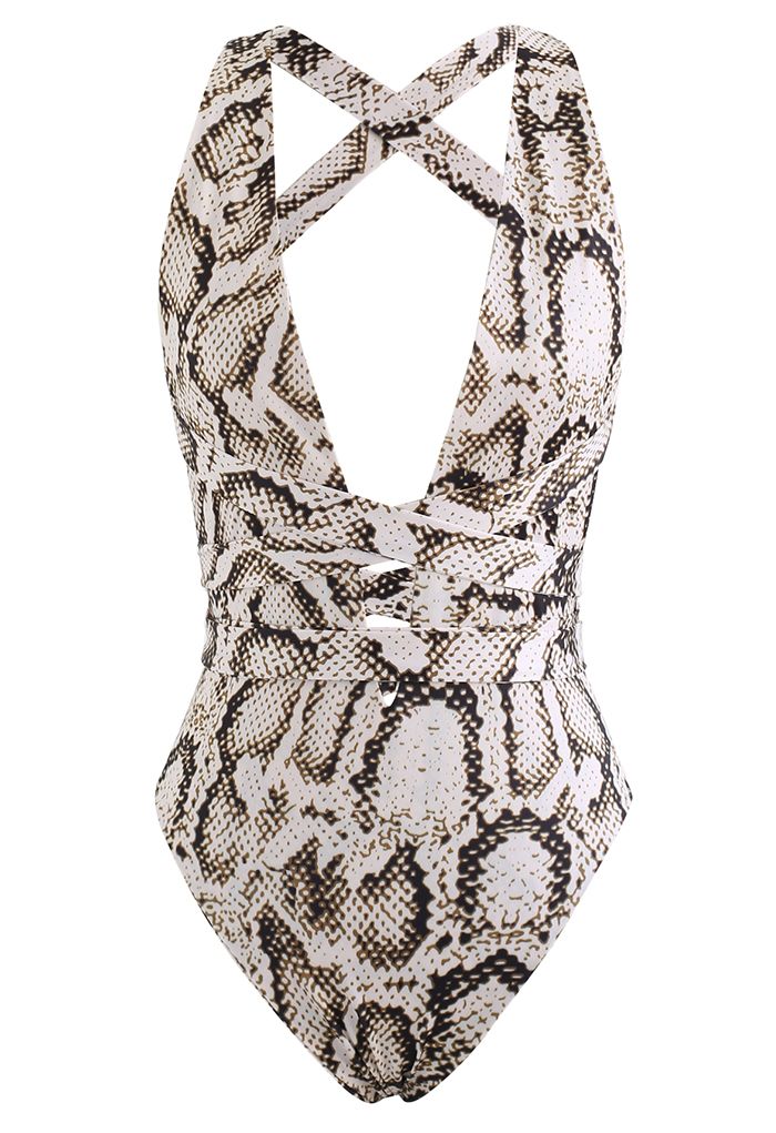 Snake Printed Lace-Up One-Piece Swimsuit