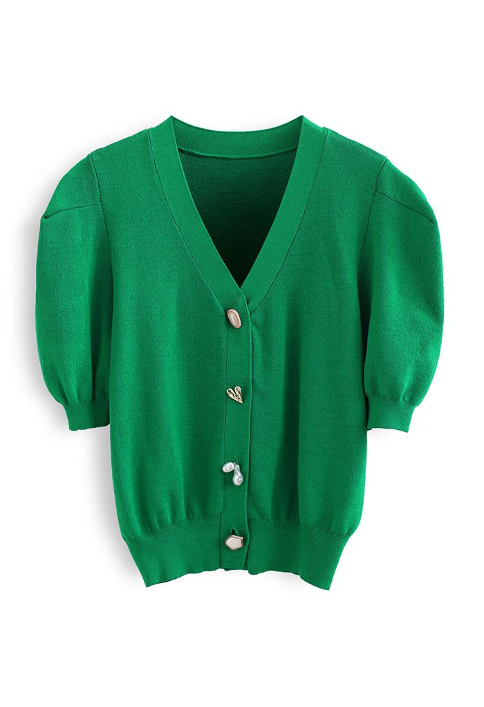 Jewelry Button Short Sleeves Crop Knit Cardigan in Green