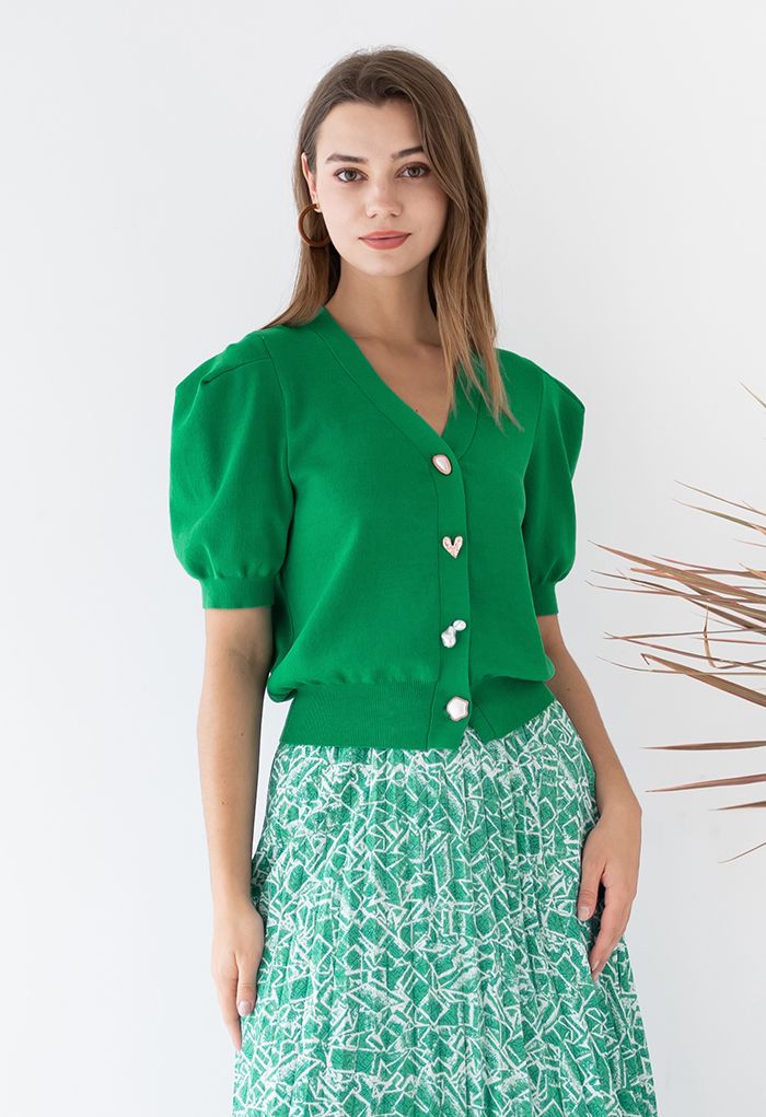 Jewelry Button Short Sleeves Crop Knit Cardigan in Green