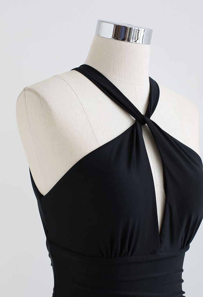 Halter Neck Cut Out Open Back Swimsuit in Black