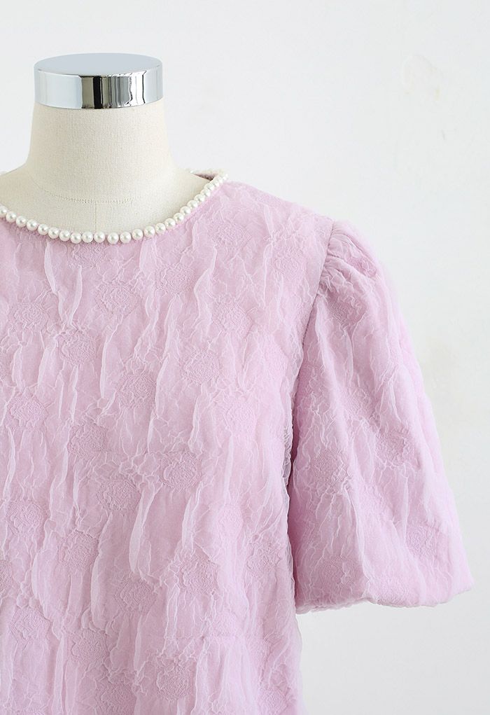 Embossed Rose Pearly Neck Top in Pink