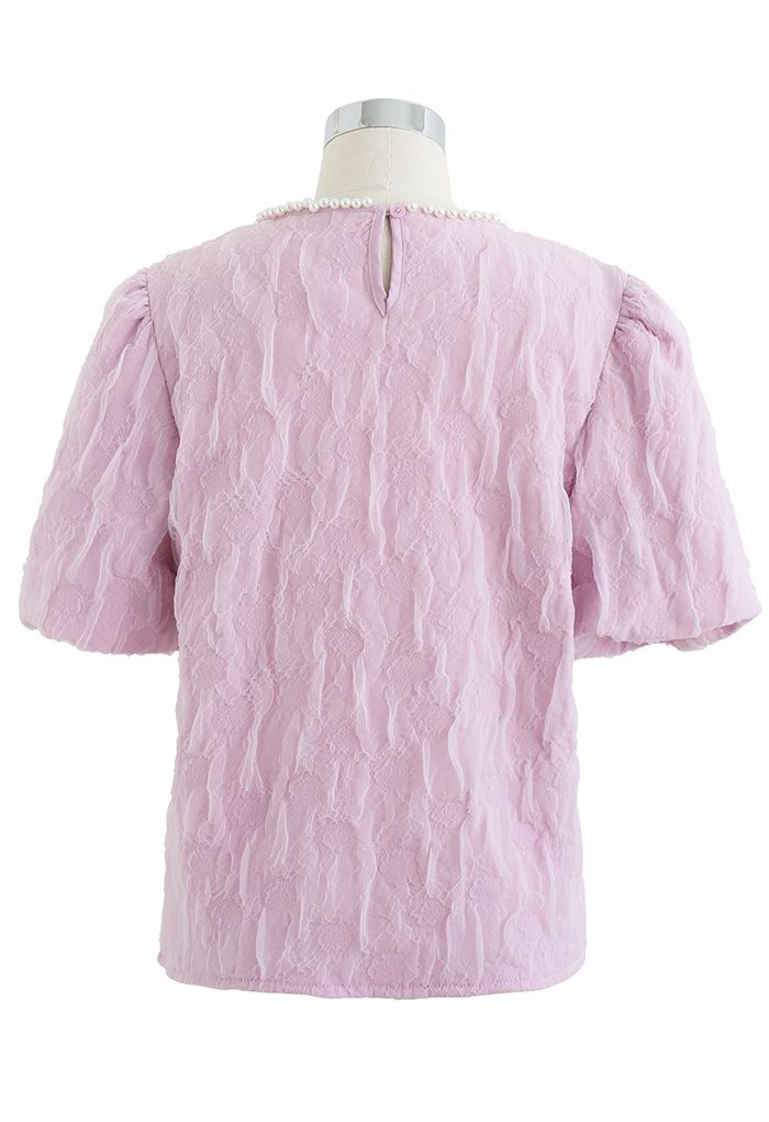 Embossed Rose Pearly Neck Top in Pink