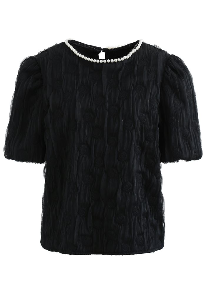 Embossed Rose Pearly Neck Top in Black
