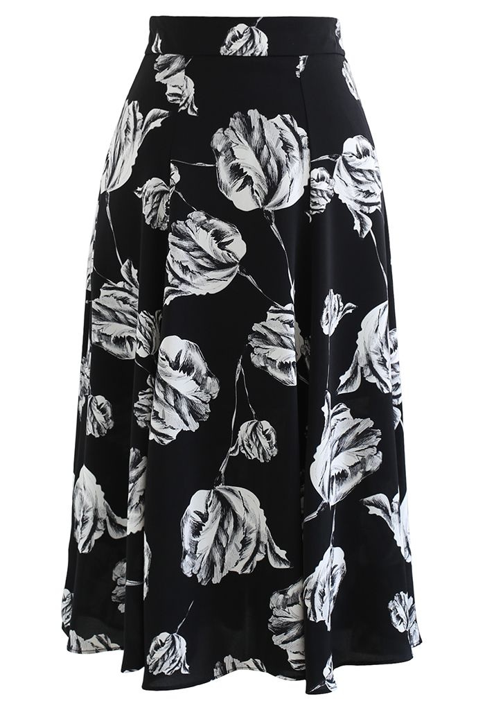 Floral Sketch Seam Detailing Flare Midi Skirt in Black