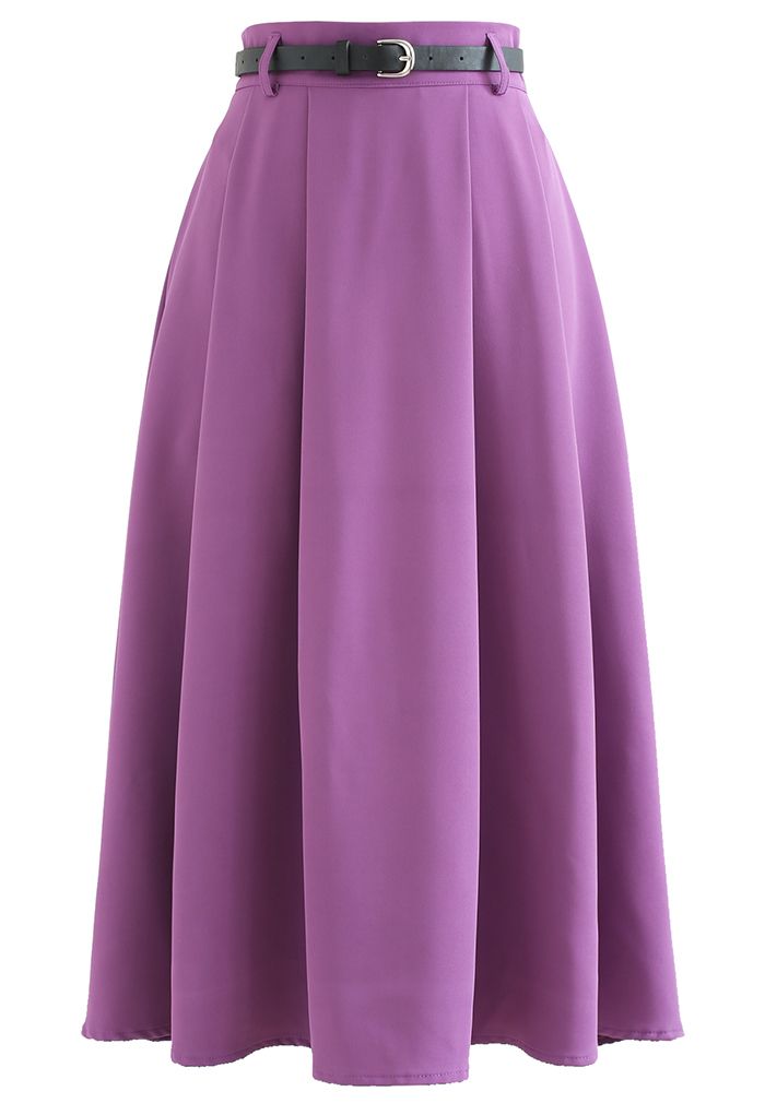 Classic Pleated Belted Flare Midi Skirt in Purple
