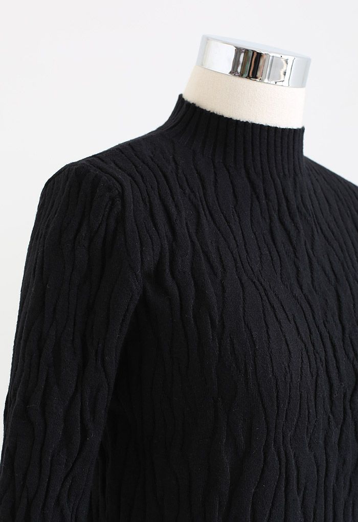 Mock Neck Textured Knit Top in Black