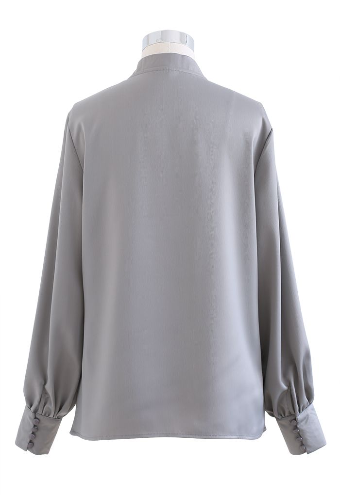 V-Neck Wrap Front Satin Smock Shirt in Grey
