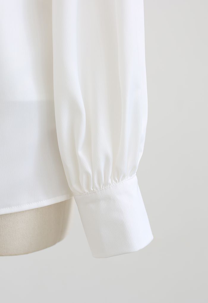 V-Neck Wrap Front Satin Smock Shirt in White