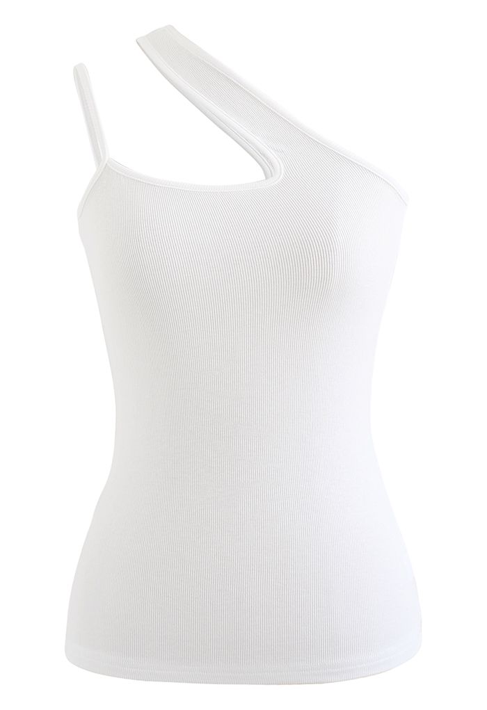 Asymmetric One-Shoulder Knit Tank Top in White