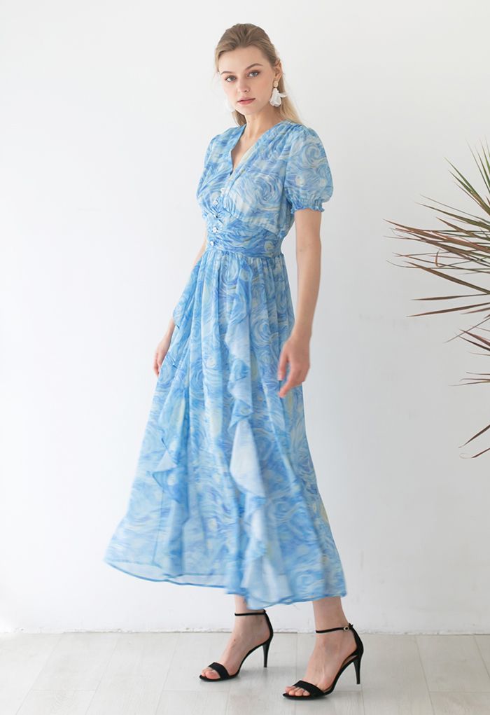 Starry Night Watercolor Ruffle Chiffon Maxi Dress