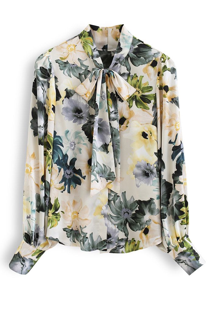 Bow Neck Floral Print Satin Shirt
