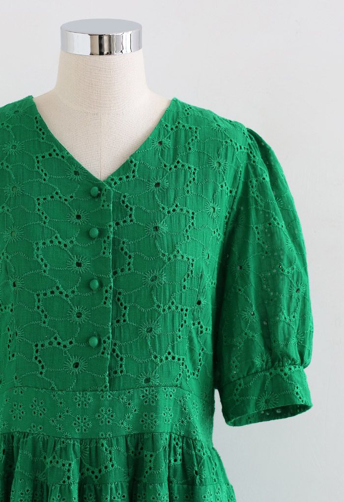 V-Neck Embroidered Eyelet Cotton Dress in Green