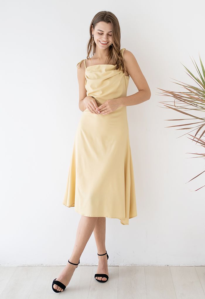 Ruched Cowl Neck Satin Cami Dress in Yellow
