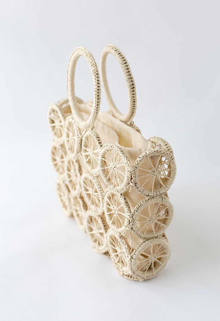 Wheel Shaped Woven Straw Handbag in Cream