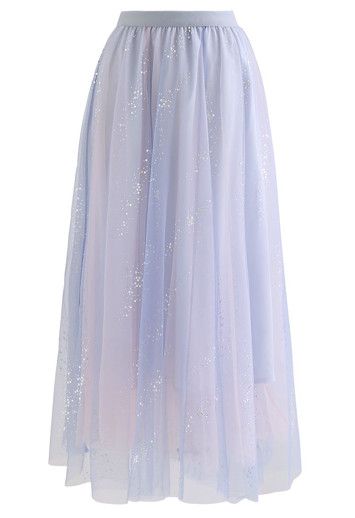 Shimmery Sequin Mix-Color Mesh Maxi Skirt in Blue