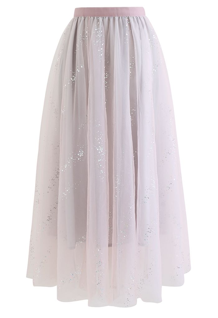 Shimmery Sequin Mix-Color Mesh Maxi Skirt in Dusty Pink