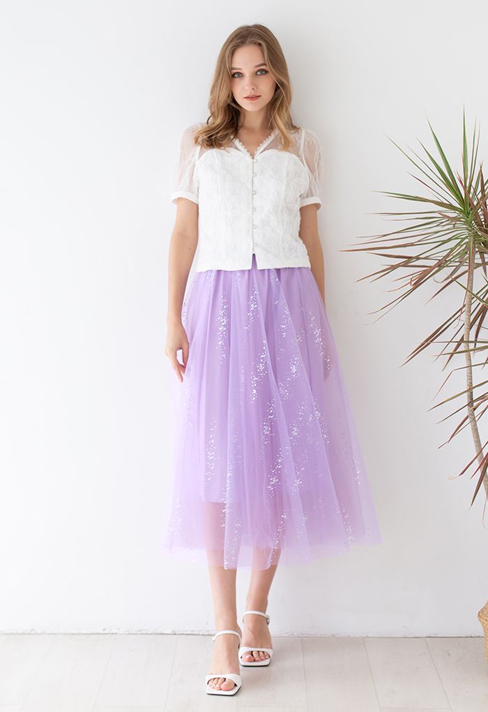Shimmery Sequin Mix-Color Mesh Maxi Skirt in Lilac