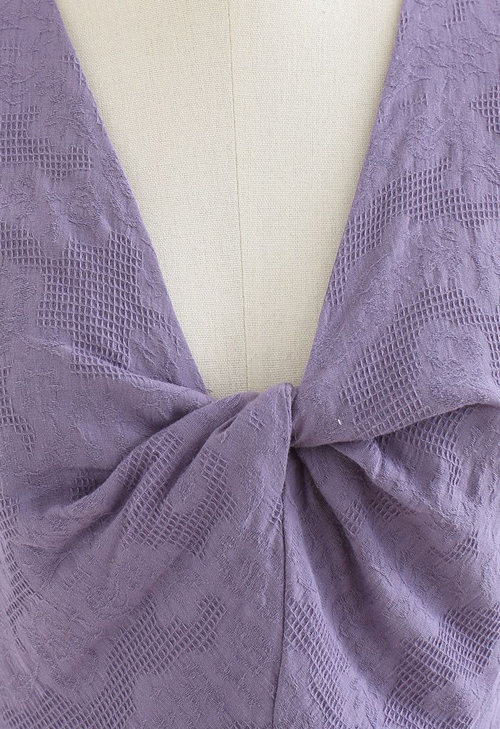 Flutter Sleeve Twist Front Cotton Crop Top in Purple