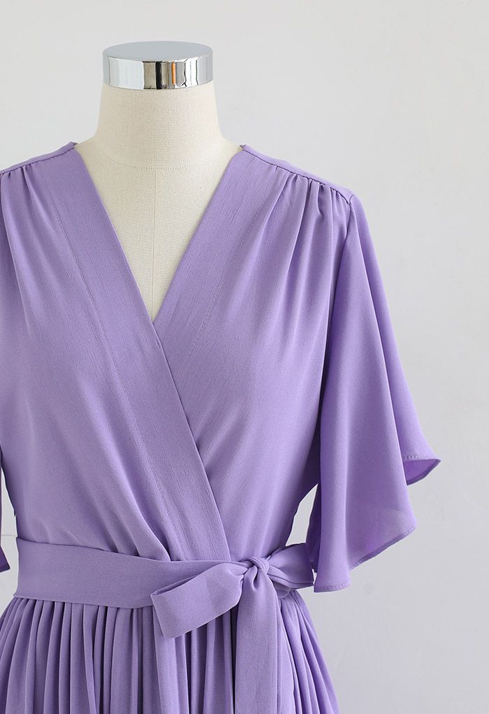 Faux Wrap Tie Waist Pleated Midi Dress in Lilac