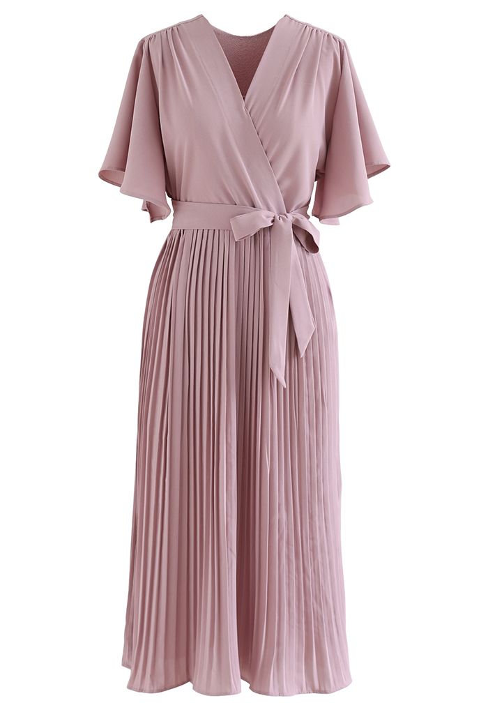 Faux Wrap Tie Waist Pleated Midi Dress in Dusty Pink