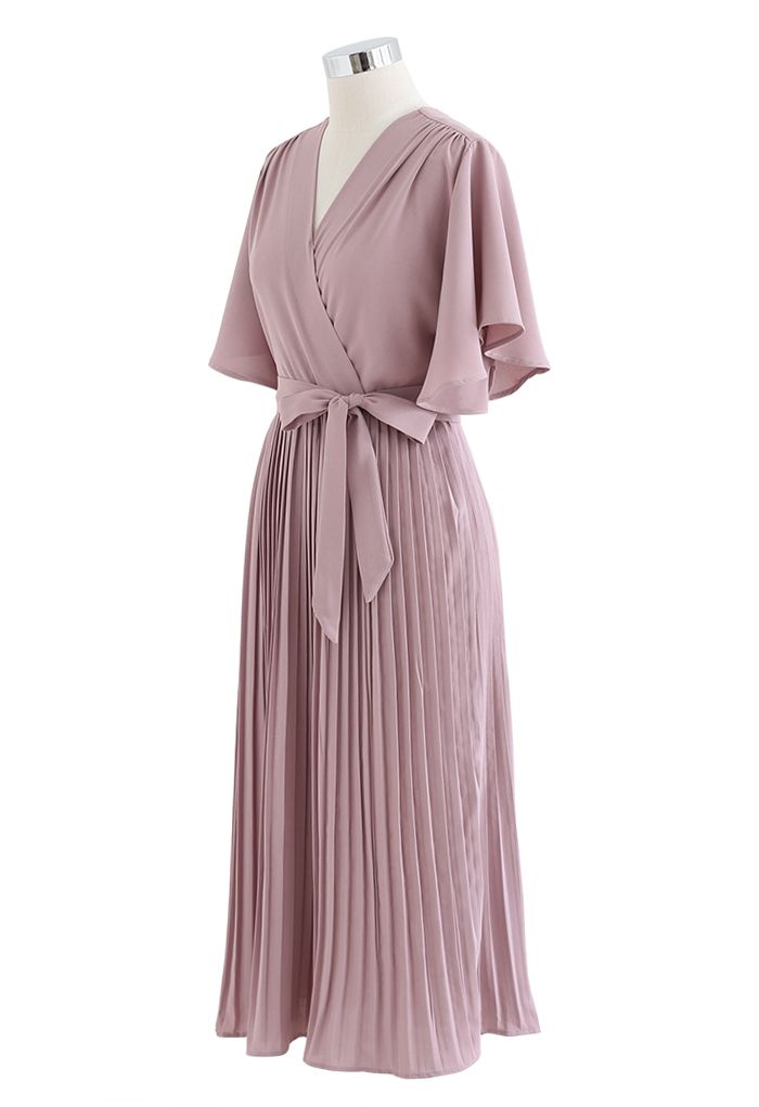 Faux Wrap Tie Waist Pleated Midi Dress in Dusty Pink
