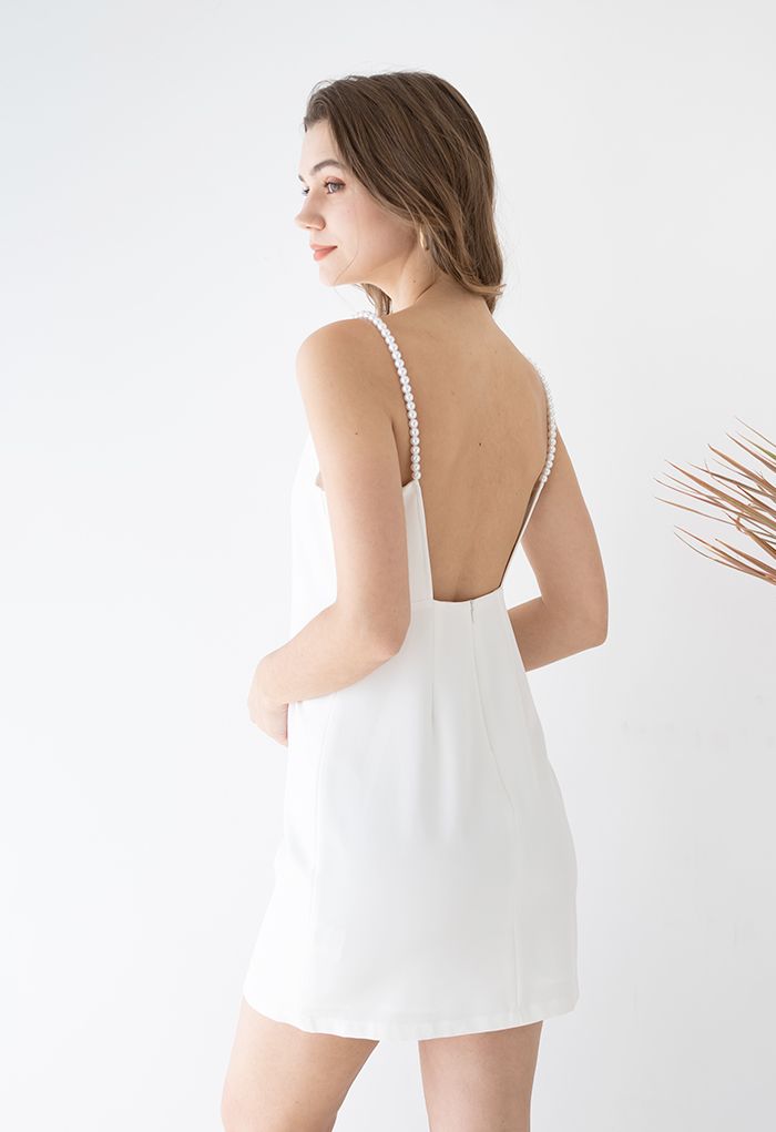 Pearly Straps Backless Cami Dress in White