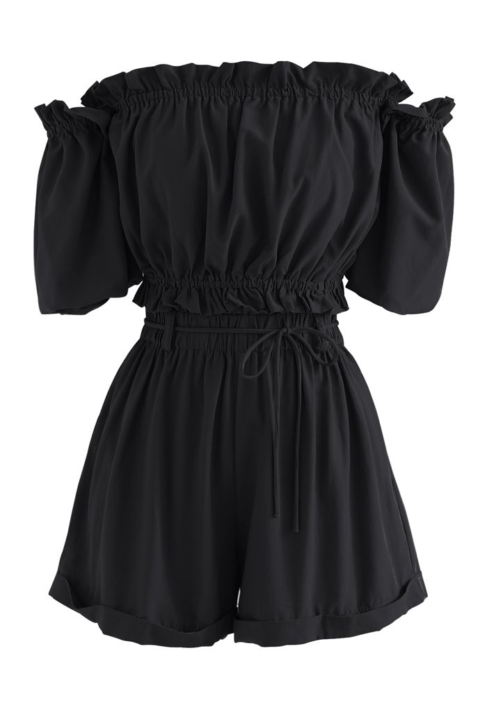 Ruffle Off-Shoulder Cotton Crop Top and Shorts Set in Black
