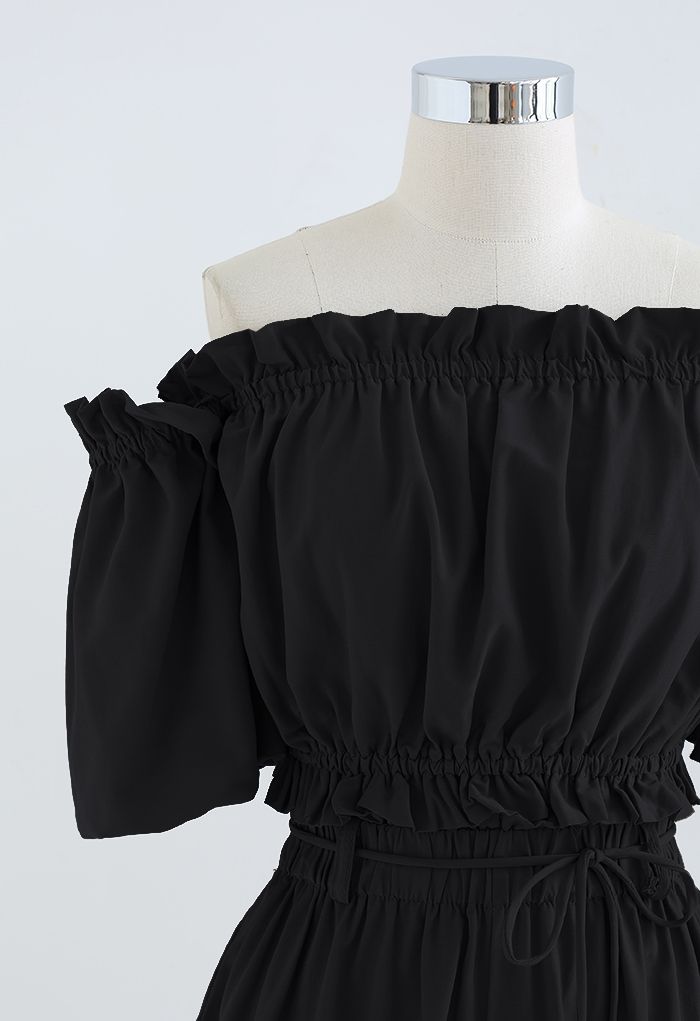 Ruffle Off-Shoulder Cotton Crop Top and Shorts Set in Black