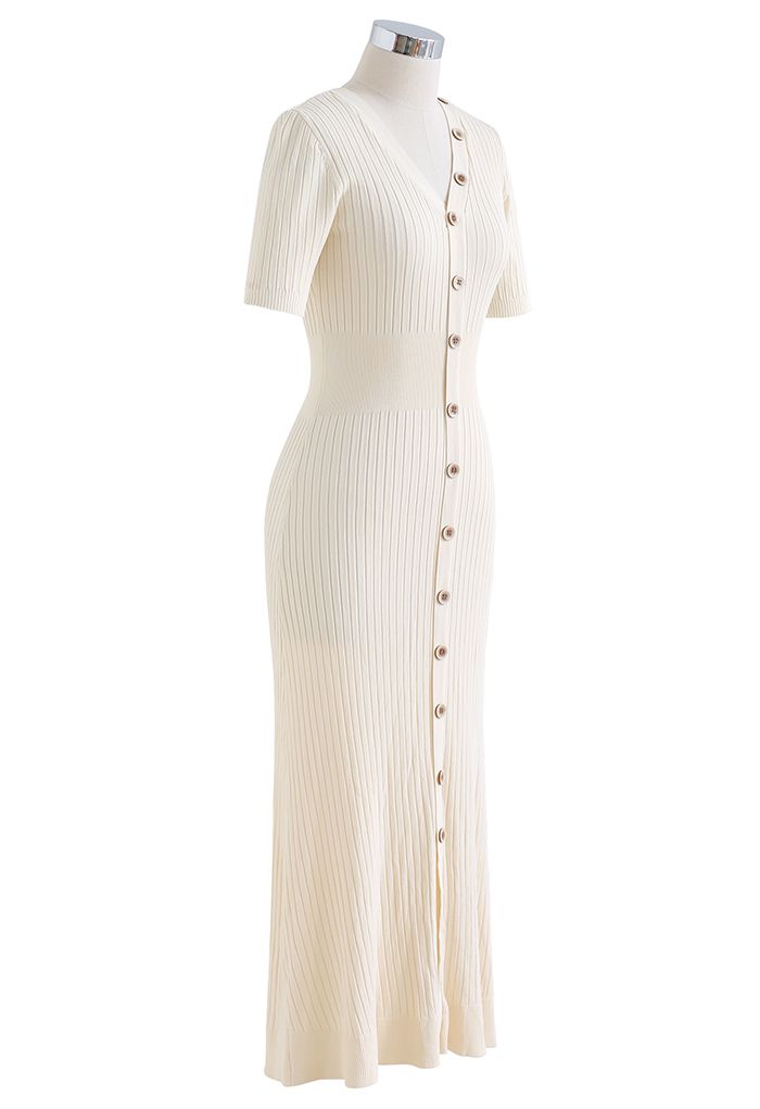 Buttons Trim Bodycon Knit Midi Dress in Cream